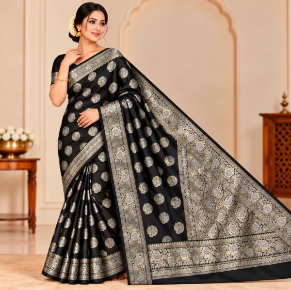The Panaya Black Art Cotton Mix Silk Banaras