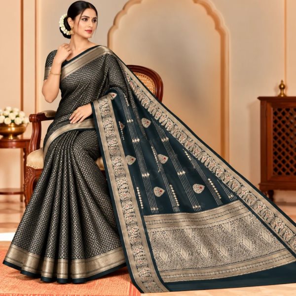 The Panaya Deep Teal Art Cotton Mix Silk Banarasi Saree with Zari Weave