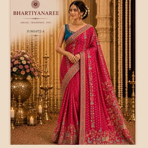 Raspberry Sartan Silk Indian Wedding Saree with Olympic Blue
