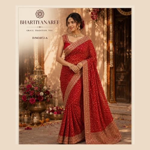 Red 60 Gram Georgette Indian Wedding Saree with Traditional Borde