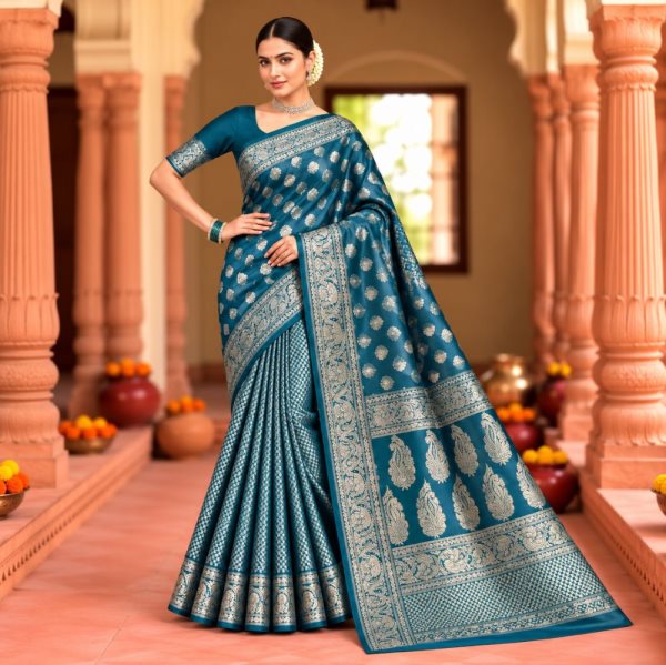 The Panaya Teal Blue Art Cotton Mix Silk Sar