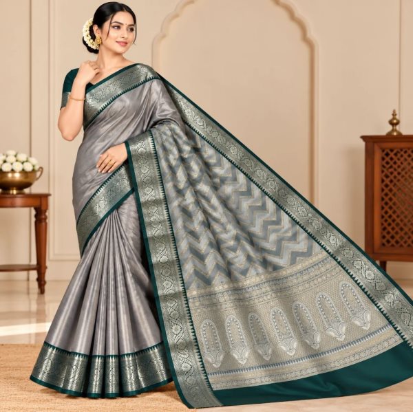 The Panaya Silver Grey Art Cotton Mix Silk Banarasi Saree with Emerald Green Border