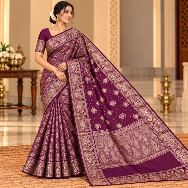 The Panaya Wine Purple Art Cotton Mix Silk Banarasi Saree with Floral Zari Border