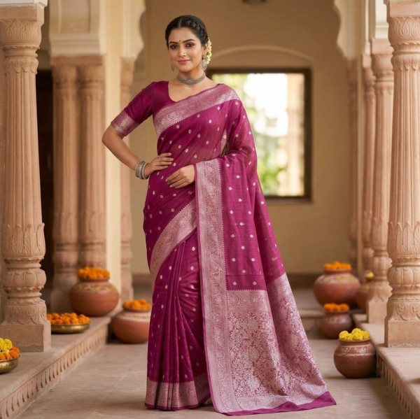 The Panaya Wine Art Cotton Mix Silk Banarasi