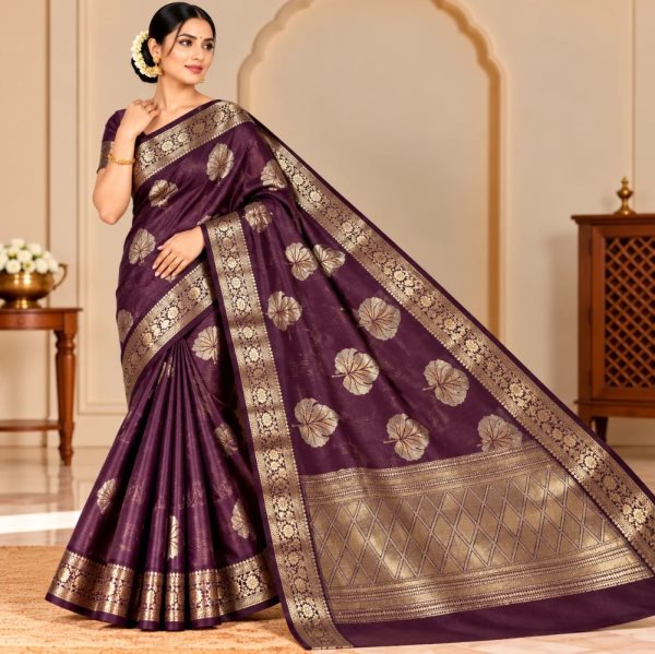 The Panaya Deep Wine Purple Art Cotton Mix Silk Banarasi Saree with Gold Zari Weave