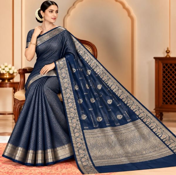 The Panaya Navy Blue Art Cotton Mix Silk Banarasi Saree with Rich Zari Pallu