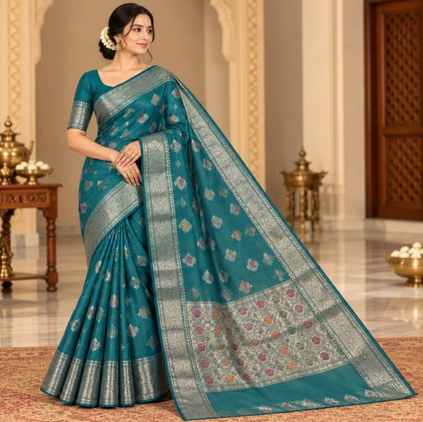 The Panaya Teal Green Art Cotton Mix Silk Banarasi Saree with Multicolor Woven Buti