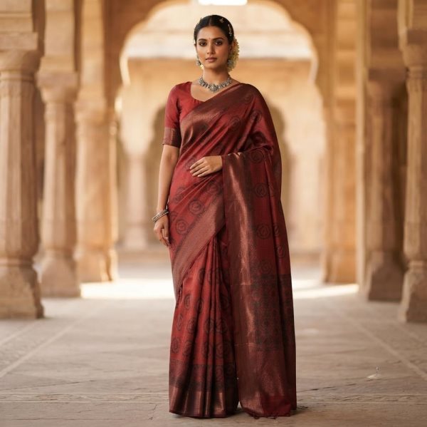 The Panaya Rust Red Art Cotton Mix Silk Sare
