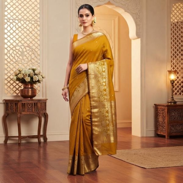 The Panaya Mustard Gold Art Cotton Mix Silk 