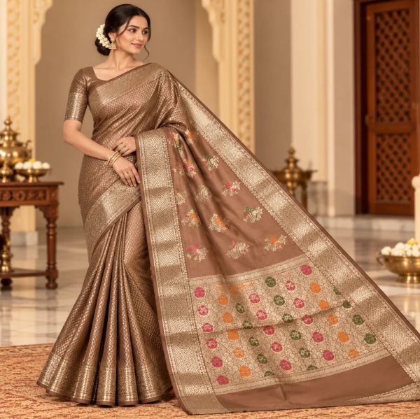 The Panaya Mocha Brown Art Cotton Mix Silk Banarasi Saree with Multicolor Woven Buti