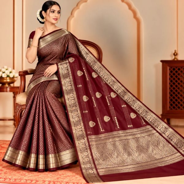 The Panaya Maroon Art Cotton Mix Silk Banarasi Saree with Zari Buta & Rich Pallu