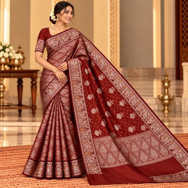 The Panaya Rust Red Art Cotton Mix Silk Banarasi Saree with Floral Zari Border