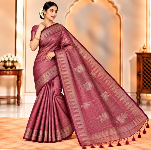 The Panaya Wine Pink Art Cotton Mix Silk Sar
