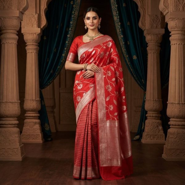 The Panaya Rust Red Art Cotton Mix Silk Sare