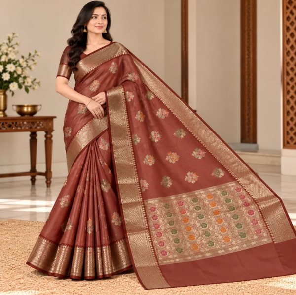 The Panaya Rust Brown Art Cotton Mix Silk Banarasi Saree with Multicolor Woven Buti