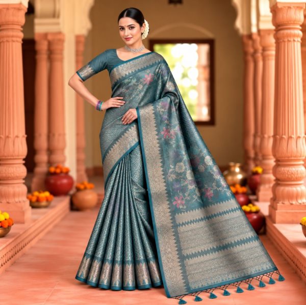 The Panaya Steel Blue Art Cotton Mix Silk Sa