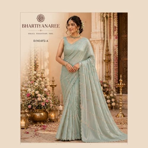 Mint Green Frendy Indian Wedding Saree with Elegant Scallop Borde