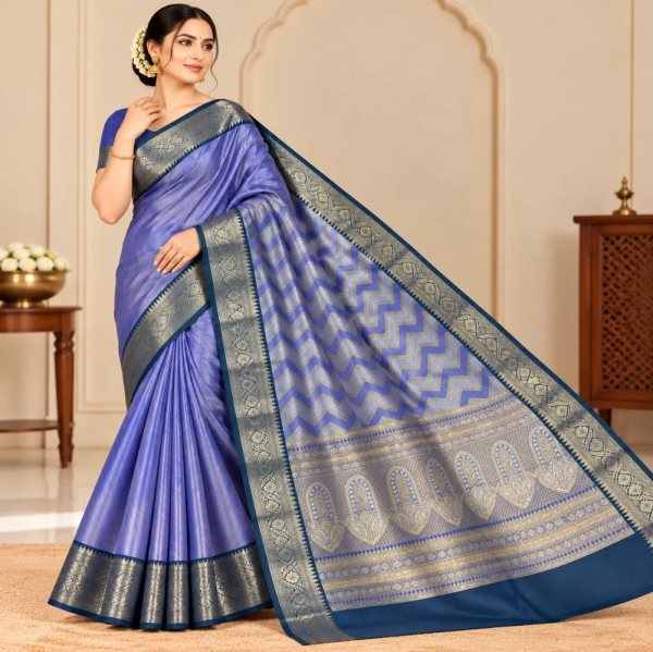 The Panaya Periwinkle Blue Art Cotton Mix Silk Banarasi Saree with Navy Blue Border
