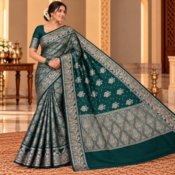 The Panaya Bottle Green Art Cotton Mix Silk Banarasi Saree with Floral Zari Border