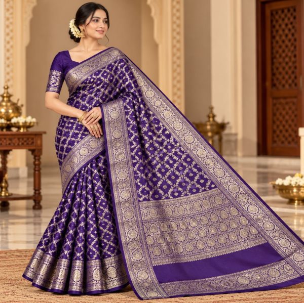 The Panaya Royal Purple Art Cotton Mix Silk Banarasi Saree with Silver Zari Jaal