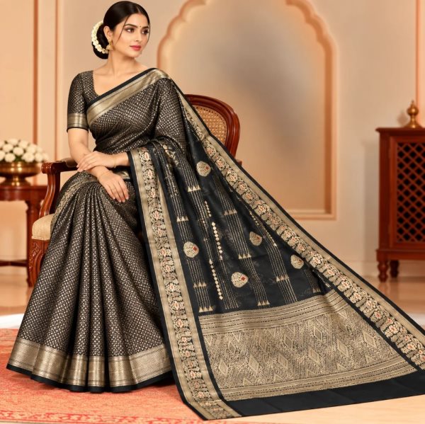 The Panaya Black Art Cotton Mix Silk Banarasi Saree with Metallic Zari Weave