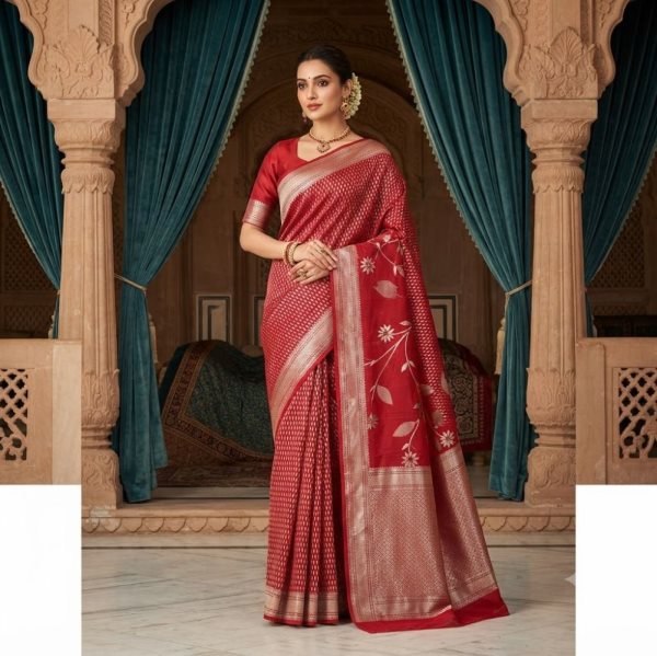 The Panaya Deep Red Art Cotton Mix Silk Sare
