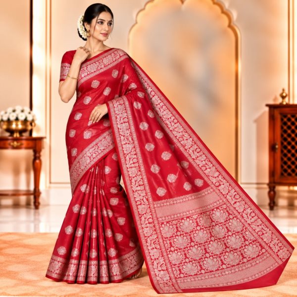 The Panaya Red Art Cotton Mix Silk Banarasi 