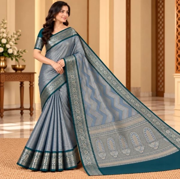 The Panaya Powder Blue Art Cotton Mix Silk Banarasi Saree with Deep Teal Border