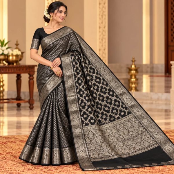 The Panaya Black Art Cotton Mix Silk Banarasi Saree with Silver Zari Jaal