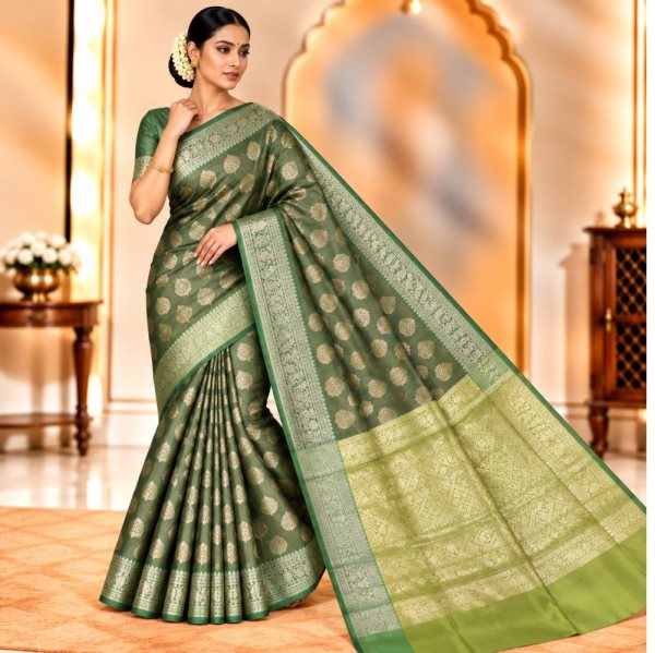 The Panaya Olive Green Art Cotton Mix Silk S