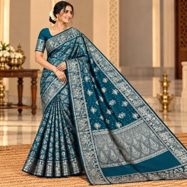 The Panaya Teal Blue Art Cotton Mix Silk Banarasi Saree with Floral Zari Border
