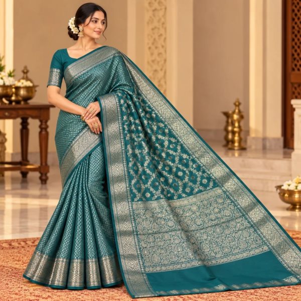 The Panaya Teal Green Art Cotton Mix Silk Banarasi Saree with Silver Zari Jaal