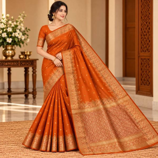 The Panaya Orange Art Cotton Mix Silk Saree 