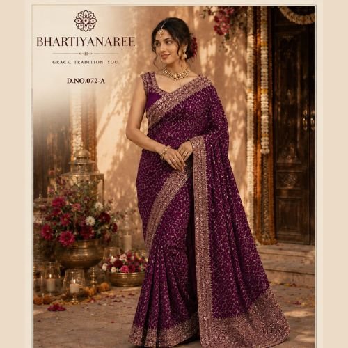 Purple Wine Georgette Indian Wedding Saree with Traditional Print