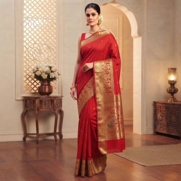 The Panaya Royal Red Art Cotton Mix Silk Ban
