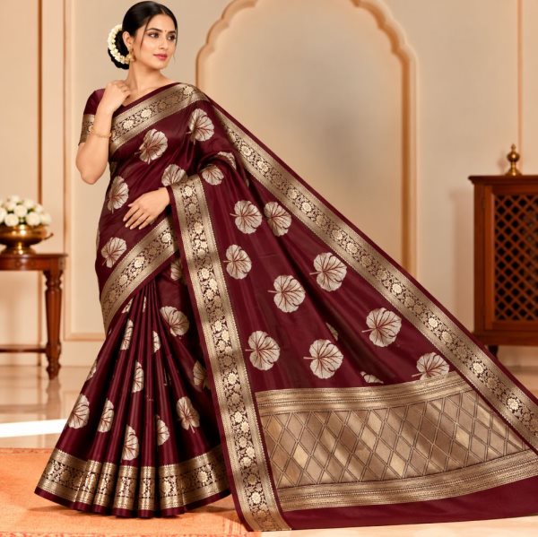The Panaya Maroon Art Cotton Mix Silk Banarasi Saree with Gold Zari Leaf Motifs