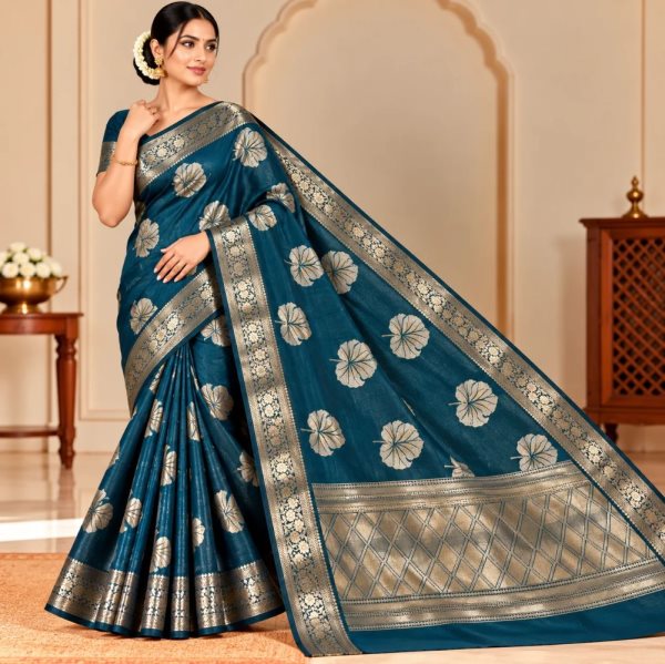 The Panaya Teal Blue Art Cotton Mix Silk Banarasi Saree with Silver Zari Weave