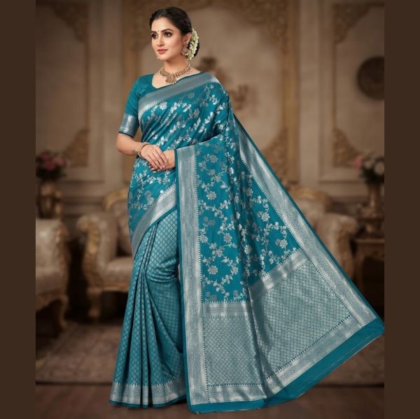 The Panaya Teal Blue Art Cotton Mix Silk Banarasi Saree with Floral Zari Weave