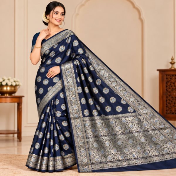 The Panaya Navy Blue Art Cotton Mix Silk Ban