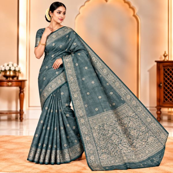 The Panaya Teal Blue Art Cotton Mix Silk Ban