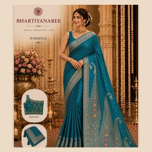 Teal Blue Sartan Silk Indian Wedding Saree with Matching Blouse