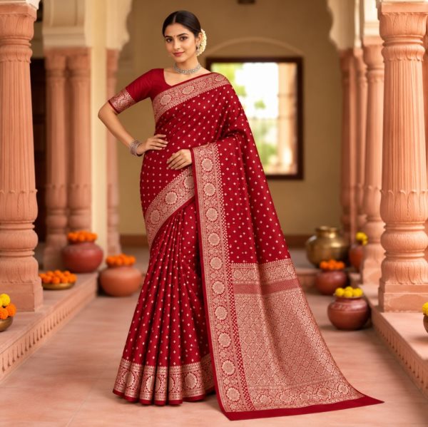 The Panaya Royal Red Art Cotton Mix Silk Sar