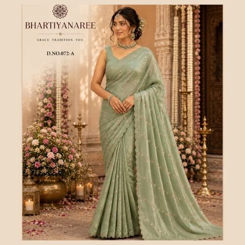 Moss Green Frendy Indian Wedding Saree with Elegant Scallop