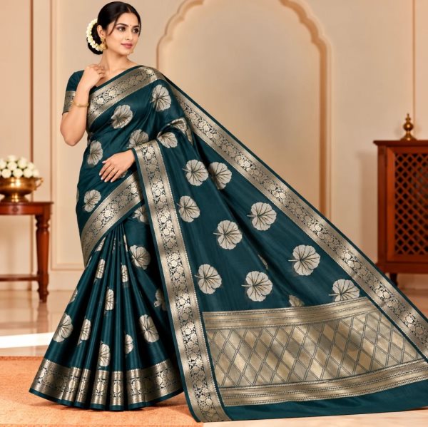 The Panaya Deep Bottle Green Art Cotton Mix Silk Banarasi Saree with Gold Zari Weave