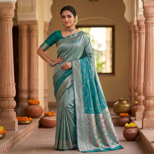 The Panaya Teal Green Art Cotton Mix Silk Ba