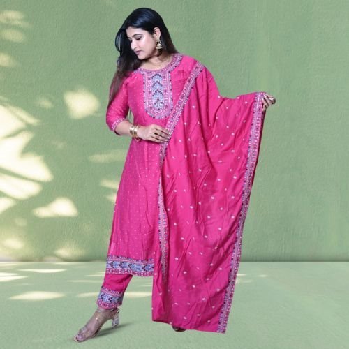 Women’s Pink Embroidered Kurta Pant Dupatta Set