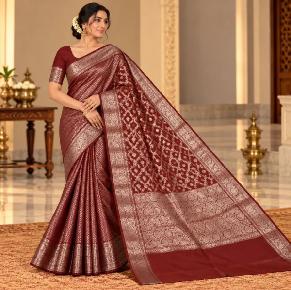 The Panaya Rust Red Art Cotton Mix Silk Banarasi Saree with Zari Jaal