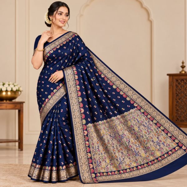 The Panaya Navy Blue Art Cotton Mix Silk Ban